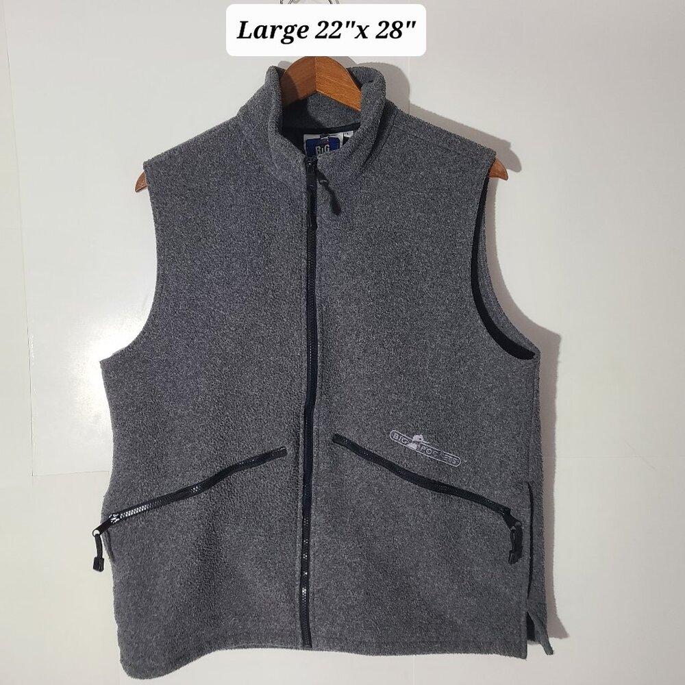 Vintage 90s Big Pockets Fleece Gray Full Zip Large Vest  Made in USA